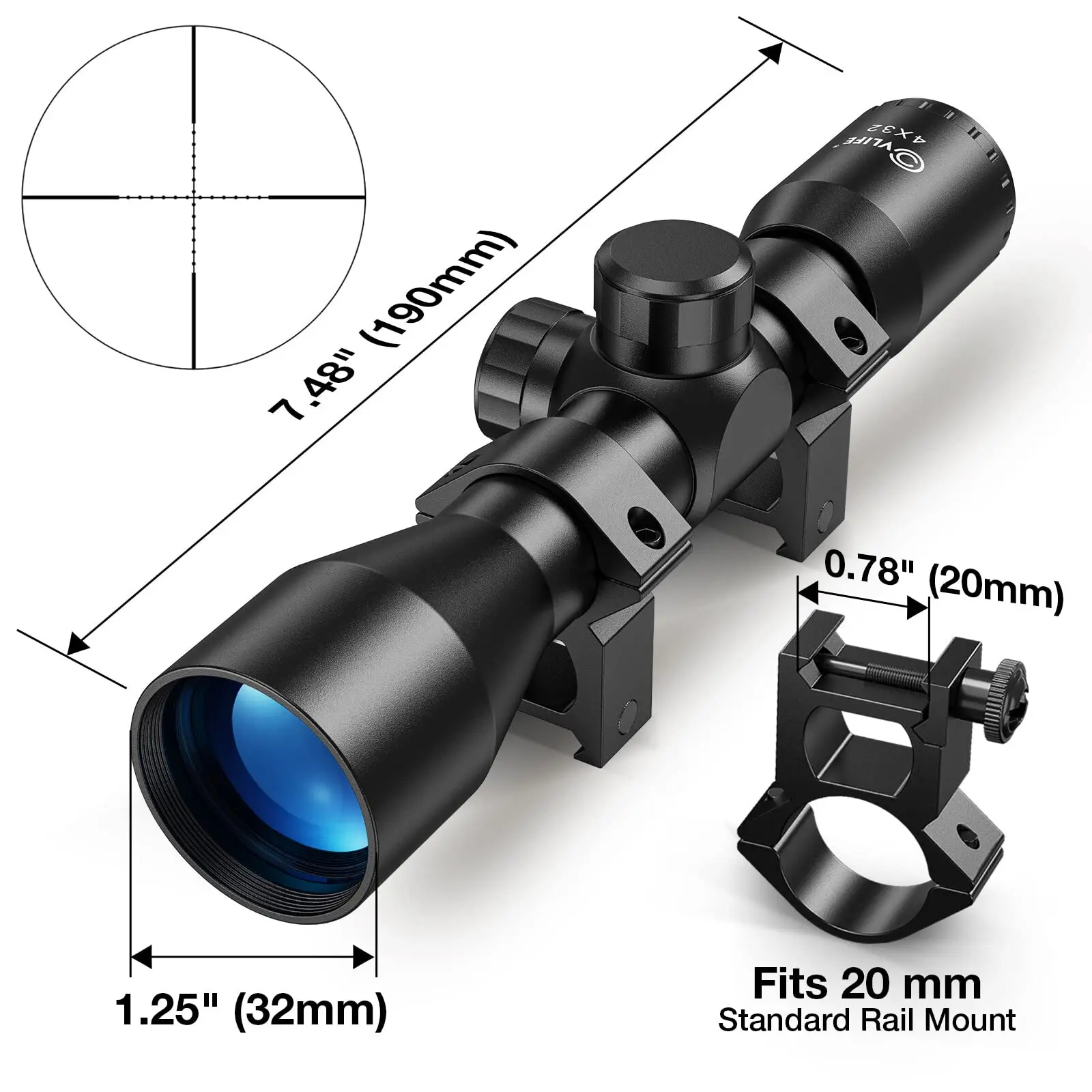 4x32 Rifle Scope Compact Crosshair Optics Hunting Gun Riflescope with 20mm Free Mounts Telescope Rail