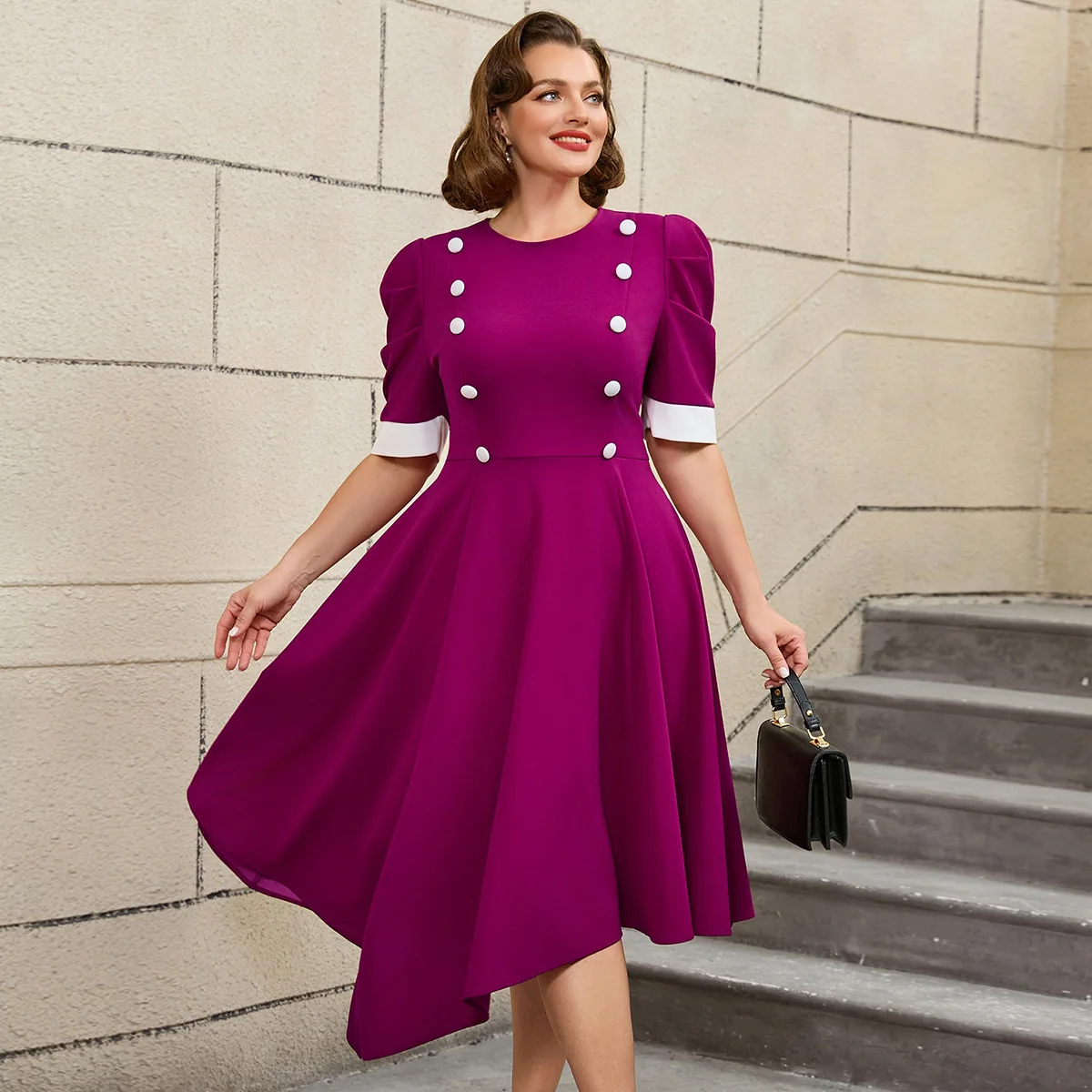 Am 050220 plus size bloco de cores em torno do pescoço a linha vestido de manga curta elegante festa cocktail vestido robe feminino festa