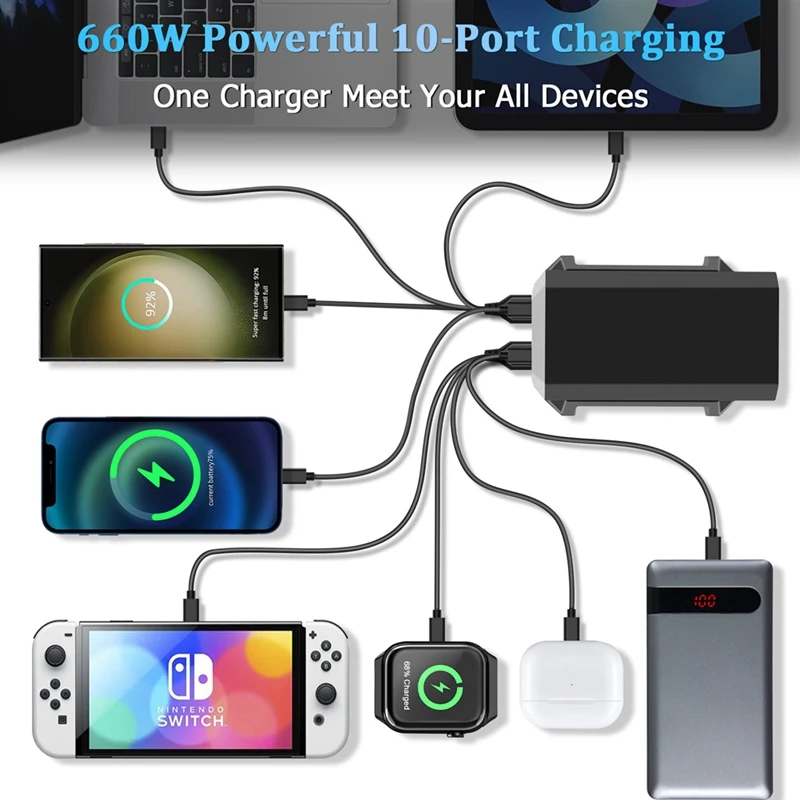 

660W GaN USB Charger Station 10 Port Desktop Fast USB Type C Charger 140W PD3.1 Quick Charger Hub for Smartphone EU Plug-A09I