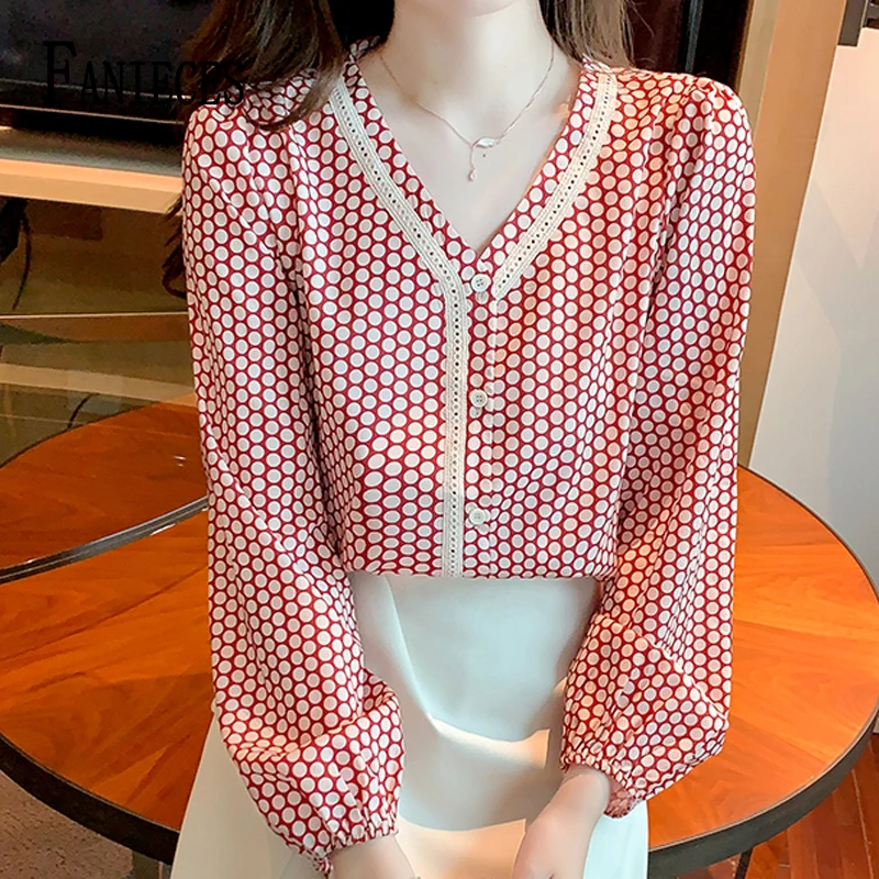 

FANIECES camisas e blusas Summer Autumn New Red Plaid Print Shirt for Women Fashion Long Sleeve Chiffon Blouses Lady Casual Tops