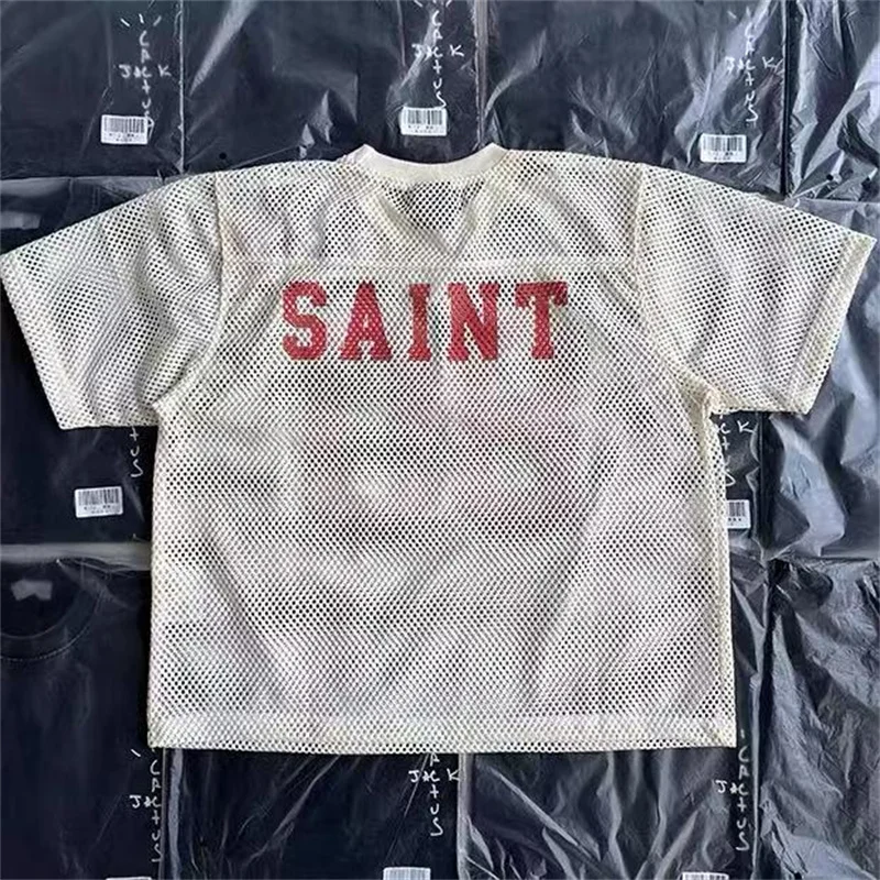 Loose Casual Mesh Breathable T Shirt Street Clothing Saint Digital Printed Short Sleeve Black Almond