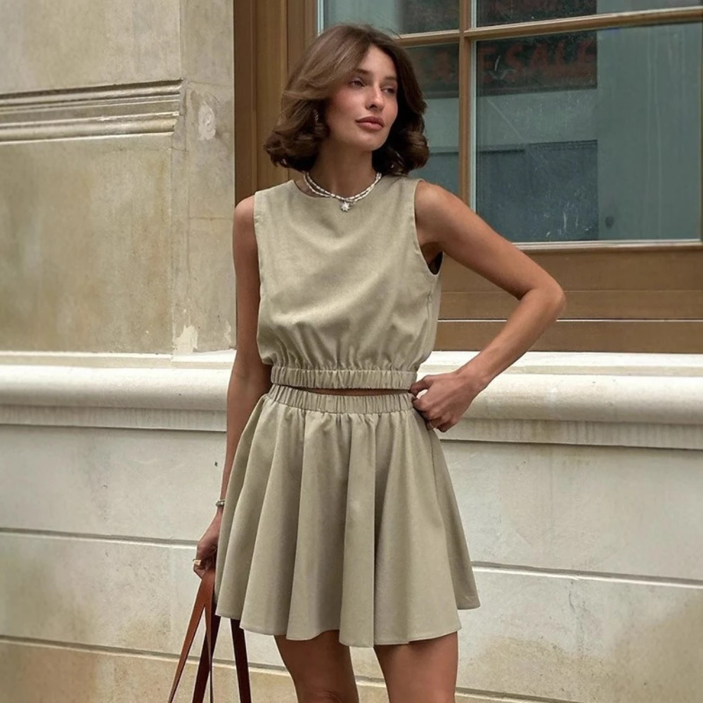 

Комплект из жилета и плиссированной юбки с круглым вырезом, новые весенне-летние комплекты из хлопка и льна, женские наряды