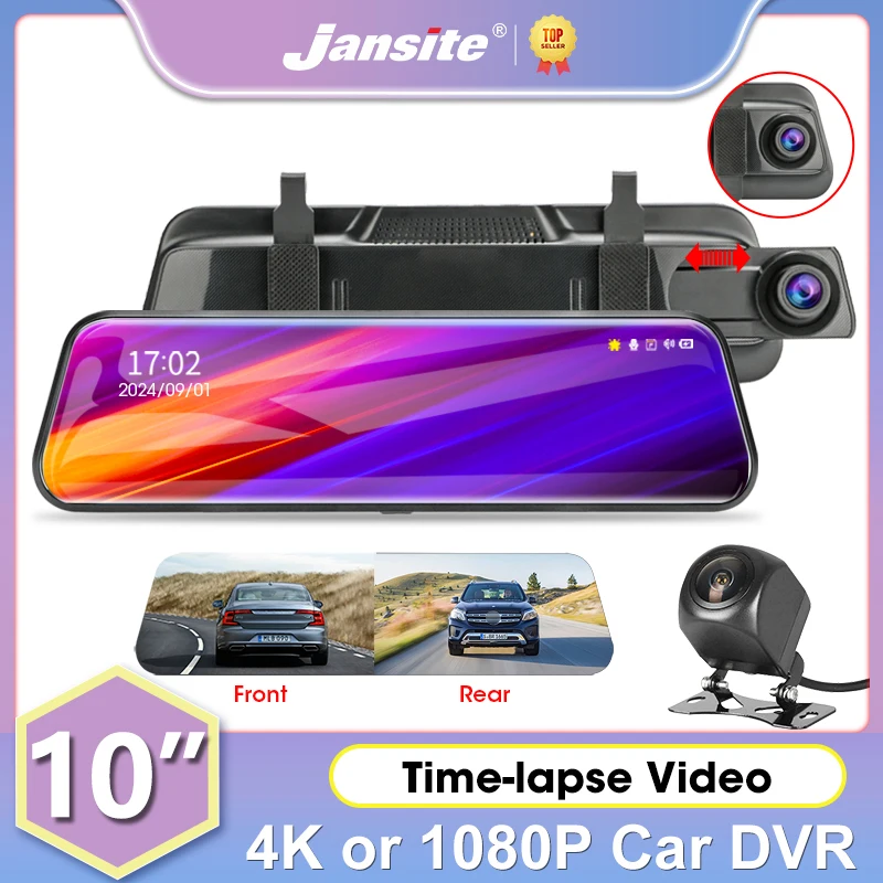 

Jansite 10" 4K or 1080P Car DVR Front and Rear Lens Touch Screen Stream Media Video Recorder Dual Lens Mirror Dashcam G-sensor