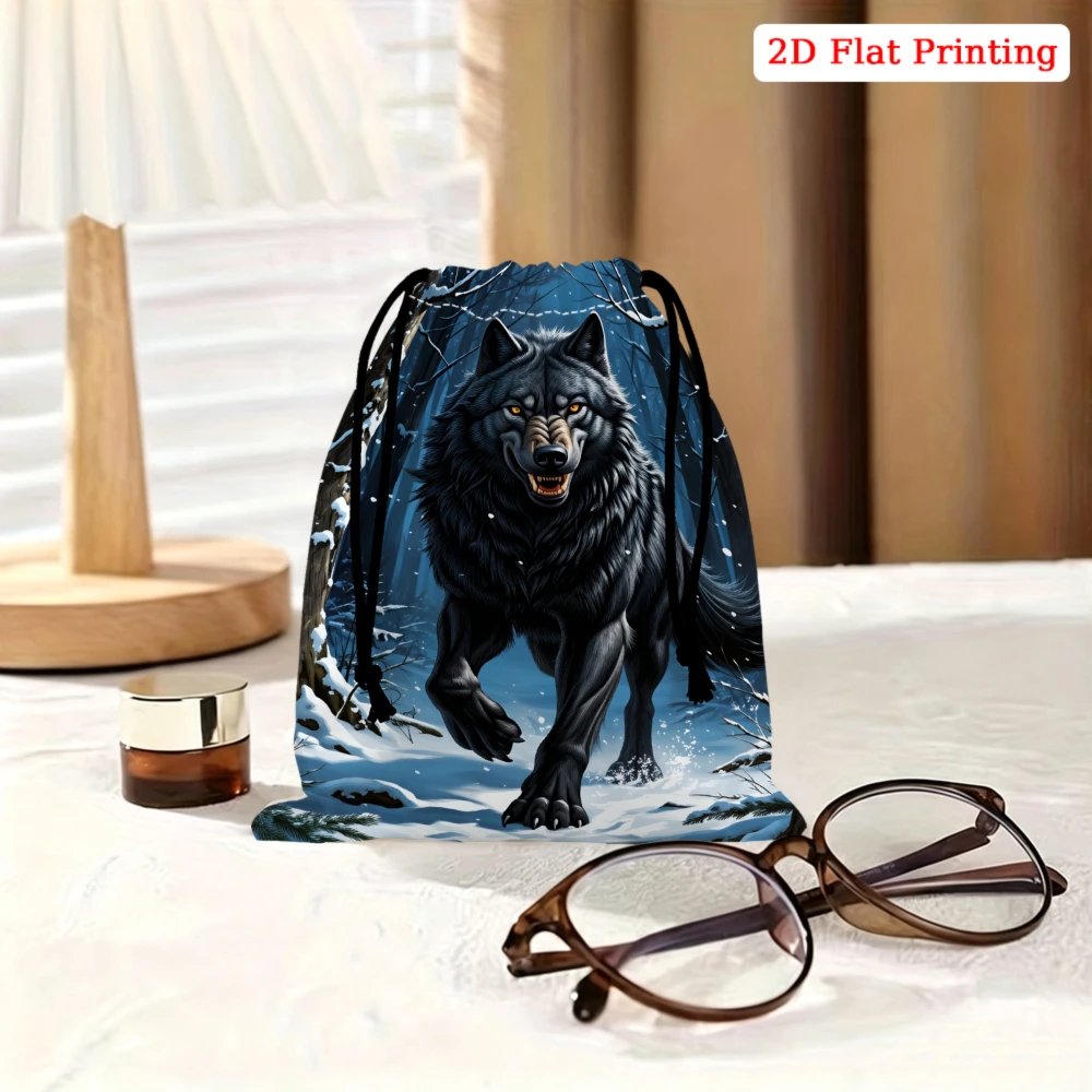 1Pc Wolf Pattern Drawstring Bag Blue Snowy Forest Print Storage Small Pouch Travel Organizer For Adults Lightweight Portable