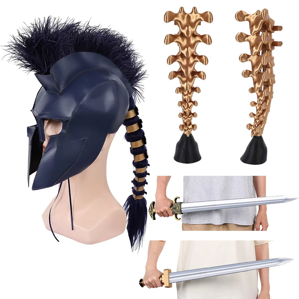 Agamemnon Cosplay The Odyssey Costume Props Sword Navy Blue Warrior Helmet Mask With Plume Braided Ponytail Halloween Carnival