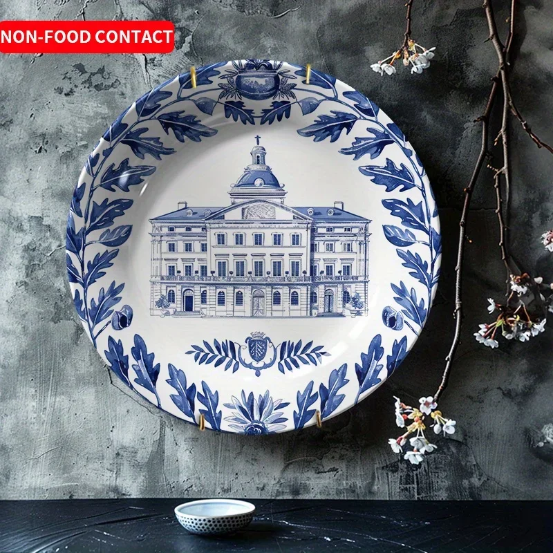 1pc Non-Food Contact Exquisite Architectural Pattern Ceramic Decorative Plate - Blue and White Porcelain Wall Art for Home,