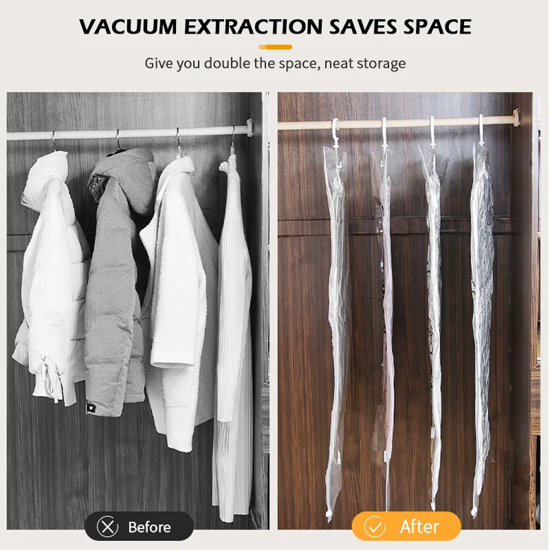 

Hanging Organizer Vacuum Bag Clothes Storage Bag with Hanger Space Saving Clear Seal Bags Wardrobe Compressed Bags and Hand Pump