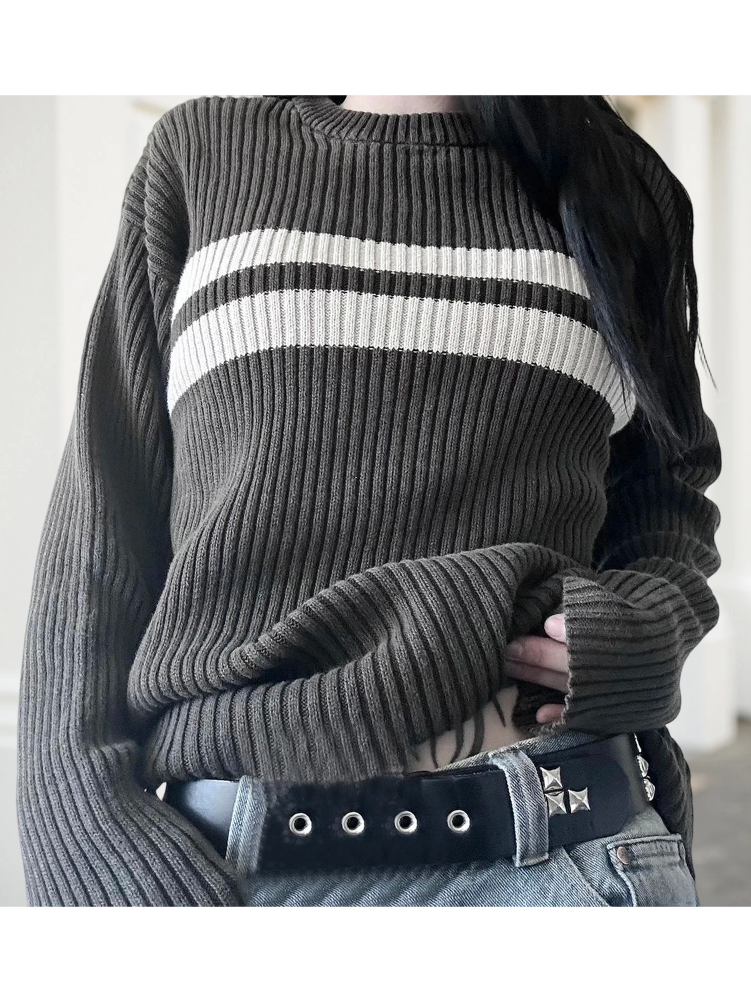 Damski sweter z dzianiny w warkocze, jesienno-zimowy, stylowy, casualowy, z okrągłym dekoltem, długim rękawem, w paski, luźny pulower.