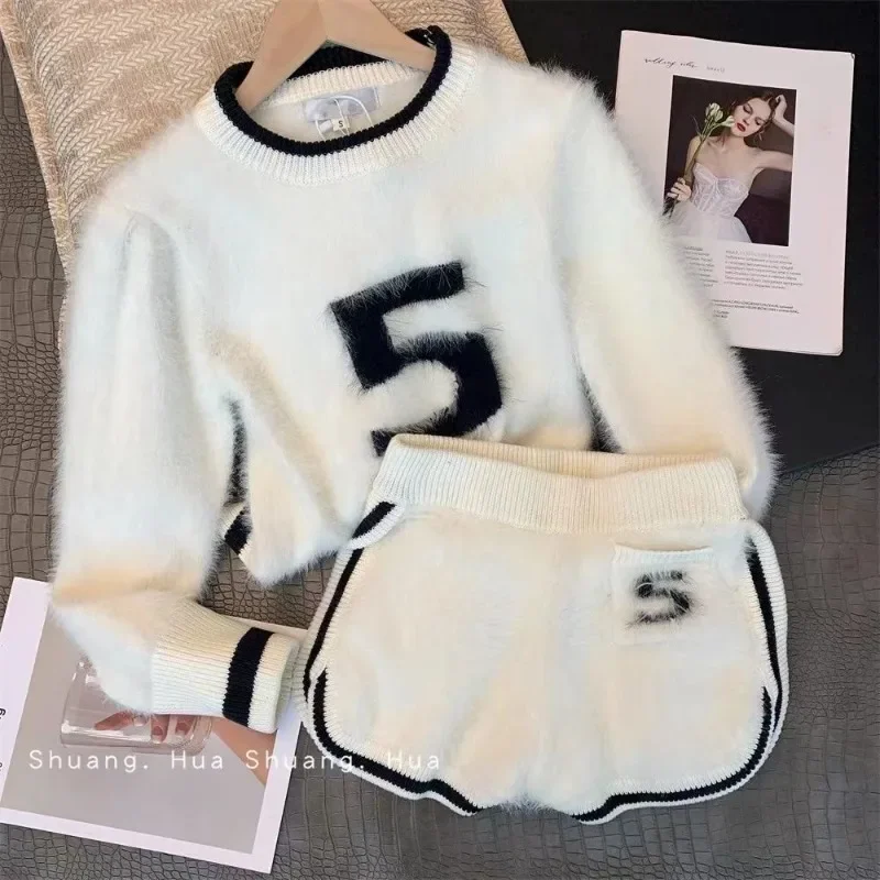 Short Sets 2024 Knitted Set Women\'s Autumn 2023 New Casual Fashion Letter Sweater Crop Tops Wide Leg Shorts Y2k Short Pants