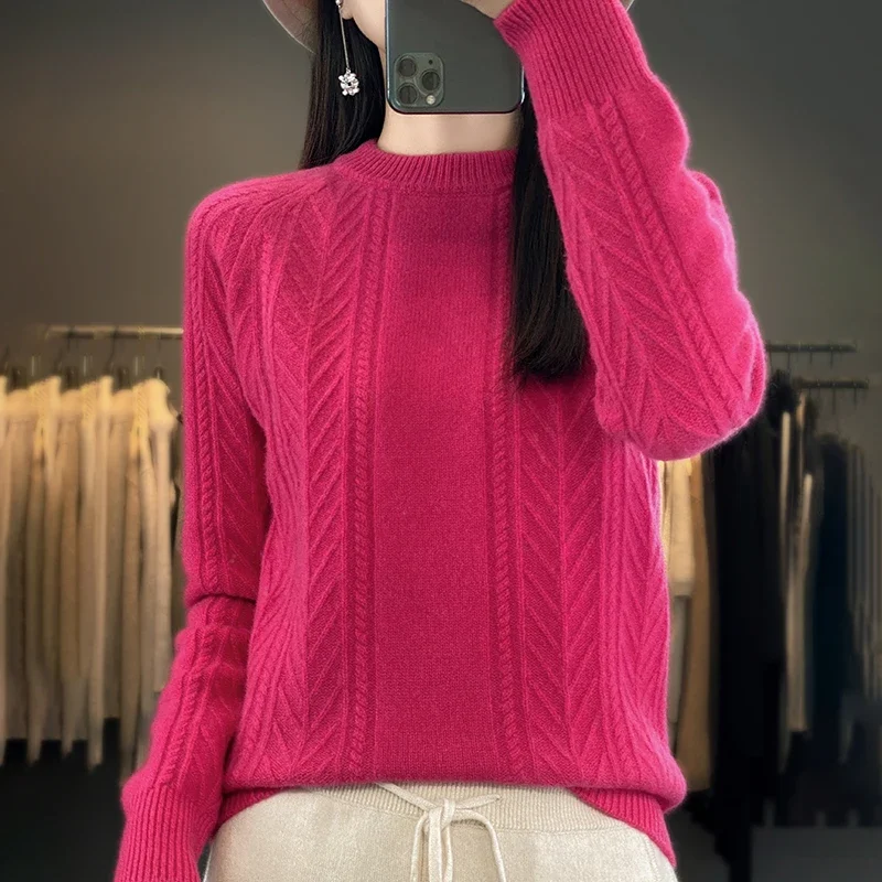 

Autumn New 100% Wool Knitted Pullover Women's Semi-Turtleneck Long-sleeve Sweater Fashion Jacquard Warm Tops Thick Female Top