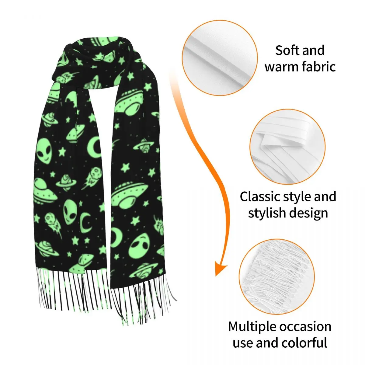 Mulheres Verde Alienígena UFO Moon Tassel Scarf, cachecóis de caxemira, pescoço e cabeça Wrap, Pashmina Quente, Lady Shawl, Inverno Bandana