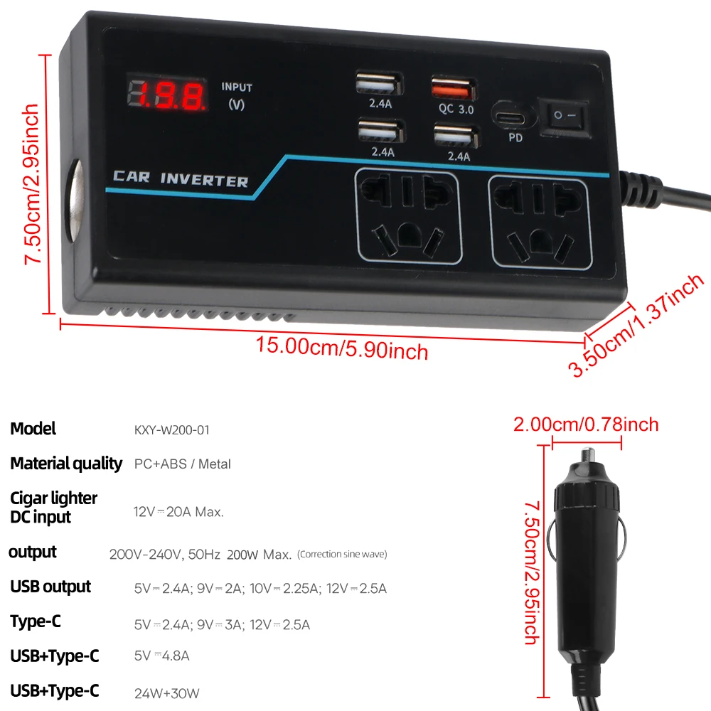 G9 Voltmeter Inverter Car Power Converter 200W Cigar Lighter Adapter Splitter 8 Output Ports Socket DC 12V 24V To AC 110V 220V