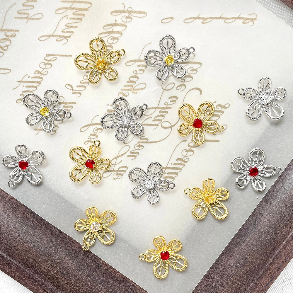 Copper Plated with Genuine Gold Zircon Inlay Hollow Flower and Leaf Pendant DIY Fashion Jewelry Making Accessory Materials