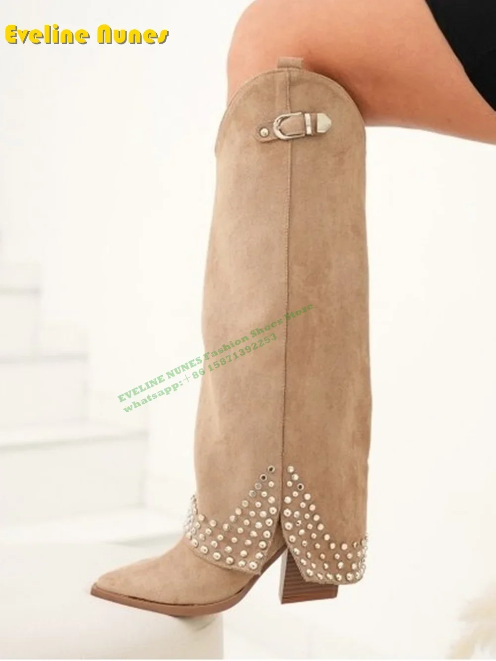 Belt Buckle Rivet Fashion Trouser Boots Pointed Toe Block Heels Pull On Large Size Women Sleeve Boots 2024 New Style Luxury Shoe