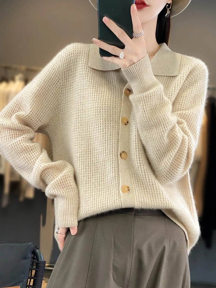 Addonee Women\'s Autumn Clothing Turn-down Collar Cardigan Sweater 100% Merino Wool Hollow Blouse Cashmere Knitwear Korean Style