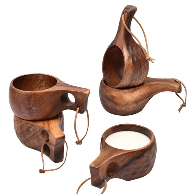 Finland Kuksa Portable Coffee Mug Acacia-Wood Handle Cowhide Rope Hook Juice Milk Cup Coffee Drinking Cup Drinkware