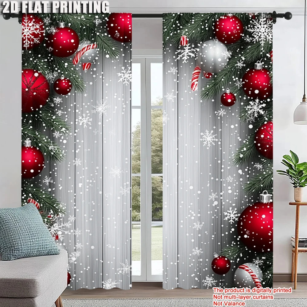 

2Pcs Christmas Tree And Ball Printed Curtains Rod Pocket Design Polyester Perfect For Living Room Kitchen Bedroom And Dining