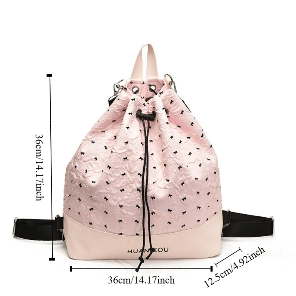 Large Capacity Bow Pleated Backpack Lightweight Nylon Sweet Shoulder Bag Tote Bag Korean Style Drawstring Fitness Bag Travel