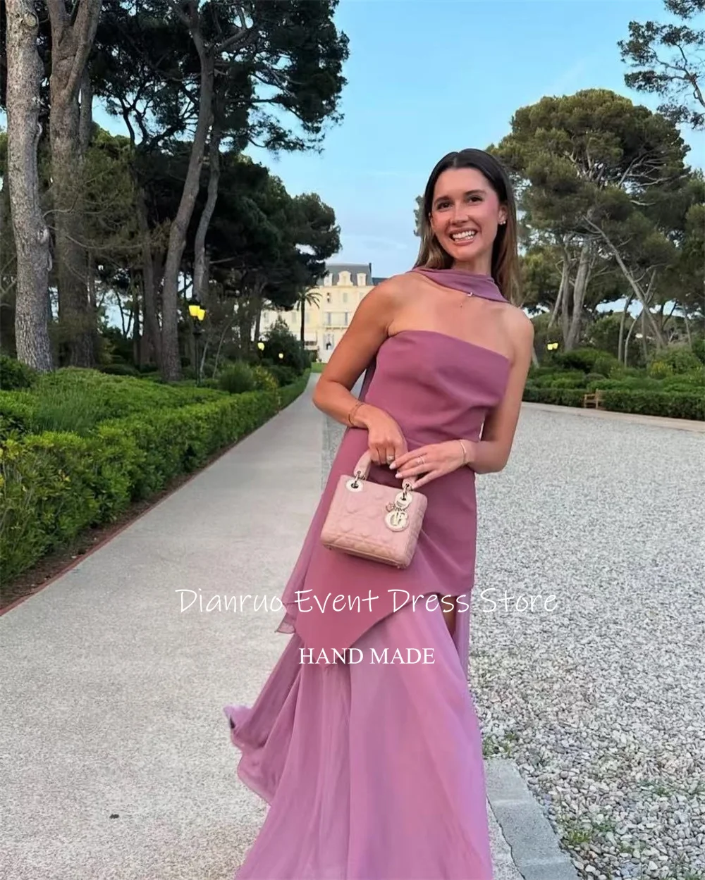 Dianruo Элегантные струящиеся вечерние платья Асимметричные шифоновые платья для выпускного вечера без рукавов без бретелек с лентами Robe D'été Femme по индивидуальному заказу