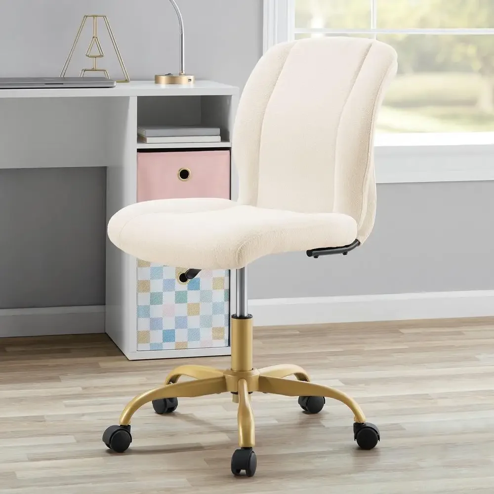 Armless Office Chair Cream Bouclé Texture Adjustable Seat Height Metal Base with Gold Finish Generously padded Back and Seat