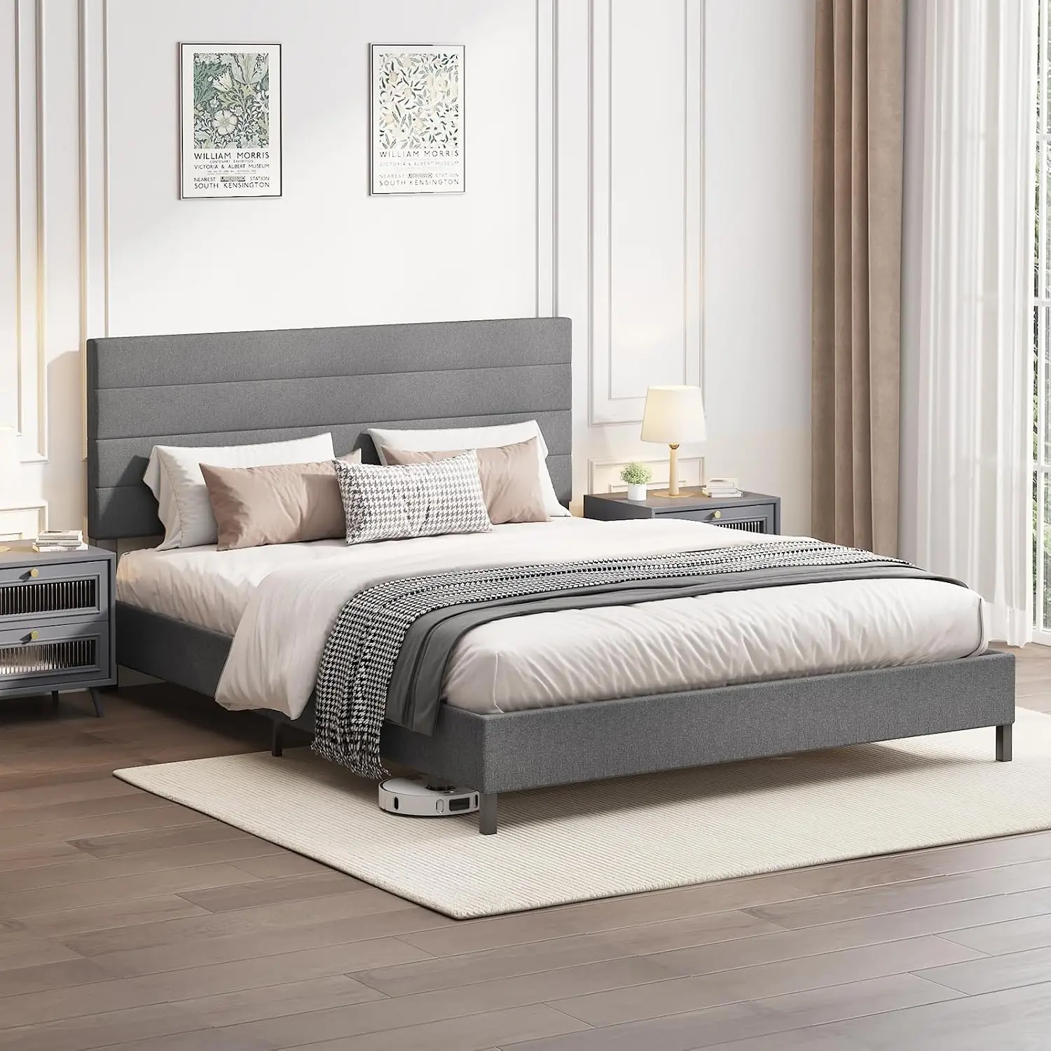 Upholstered Queen Bed Frame Adjustable Linen Headboard Wooden Slats Platform No Box Spring Easy Assembly Dark Grey, Customized