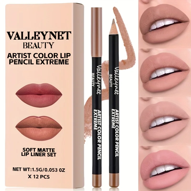 Conjunto de delineador labial de veludo fosco esculpido em 12 cores, textura cremosa suave, à prova d'água e altamente pigmentada