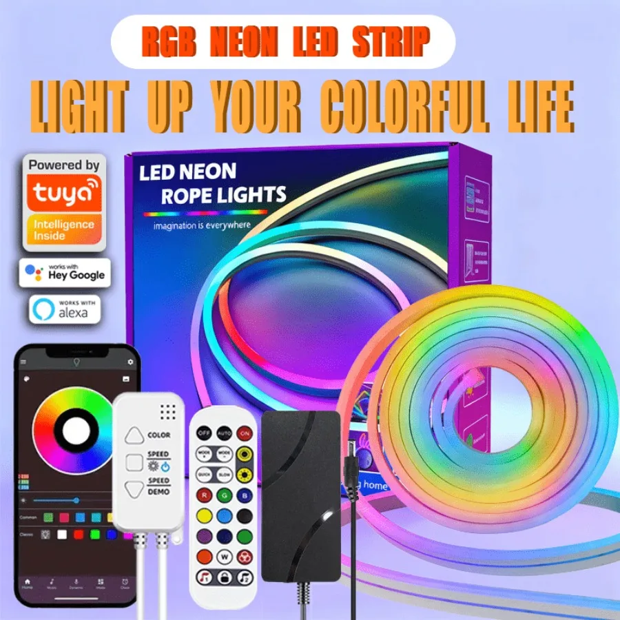 TUYA RGBIC Neon Strip Lights 24V 84LEDs/M Tuya LED Neon Light Strip Neon Rope Light with Music Sync RGBIC Dreamcolor Chasing