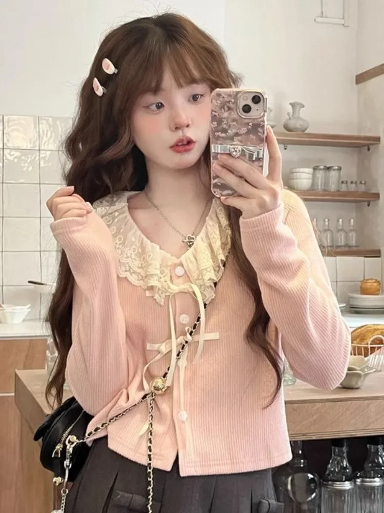 Lace Cardigans Women Y2k Kawaii Spring Autumn Japanese Tender Gentle Fashion Long Sleeve Soft Casual Daily New Design Popular