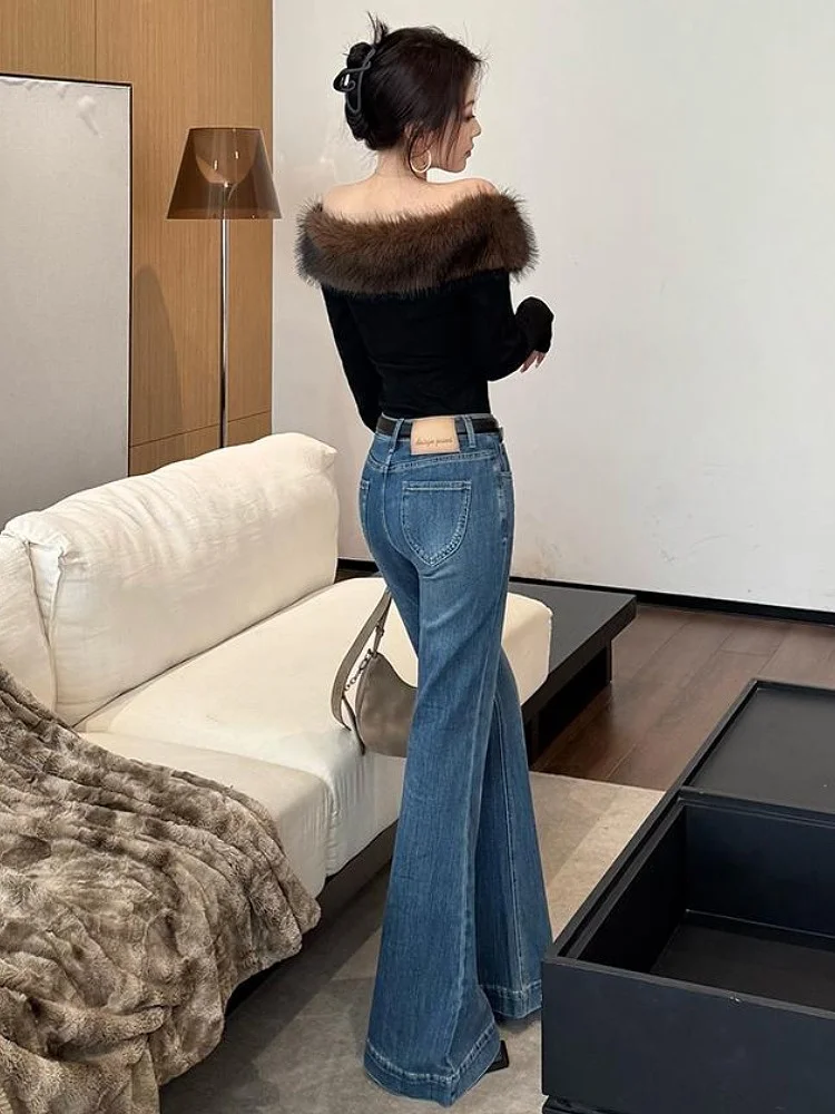 

Весна 2024, женские облегающие джинсы-колокольчики с низкой талией, популярный дизайн для девочек, модные синие джинсы больших размеров