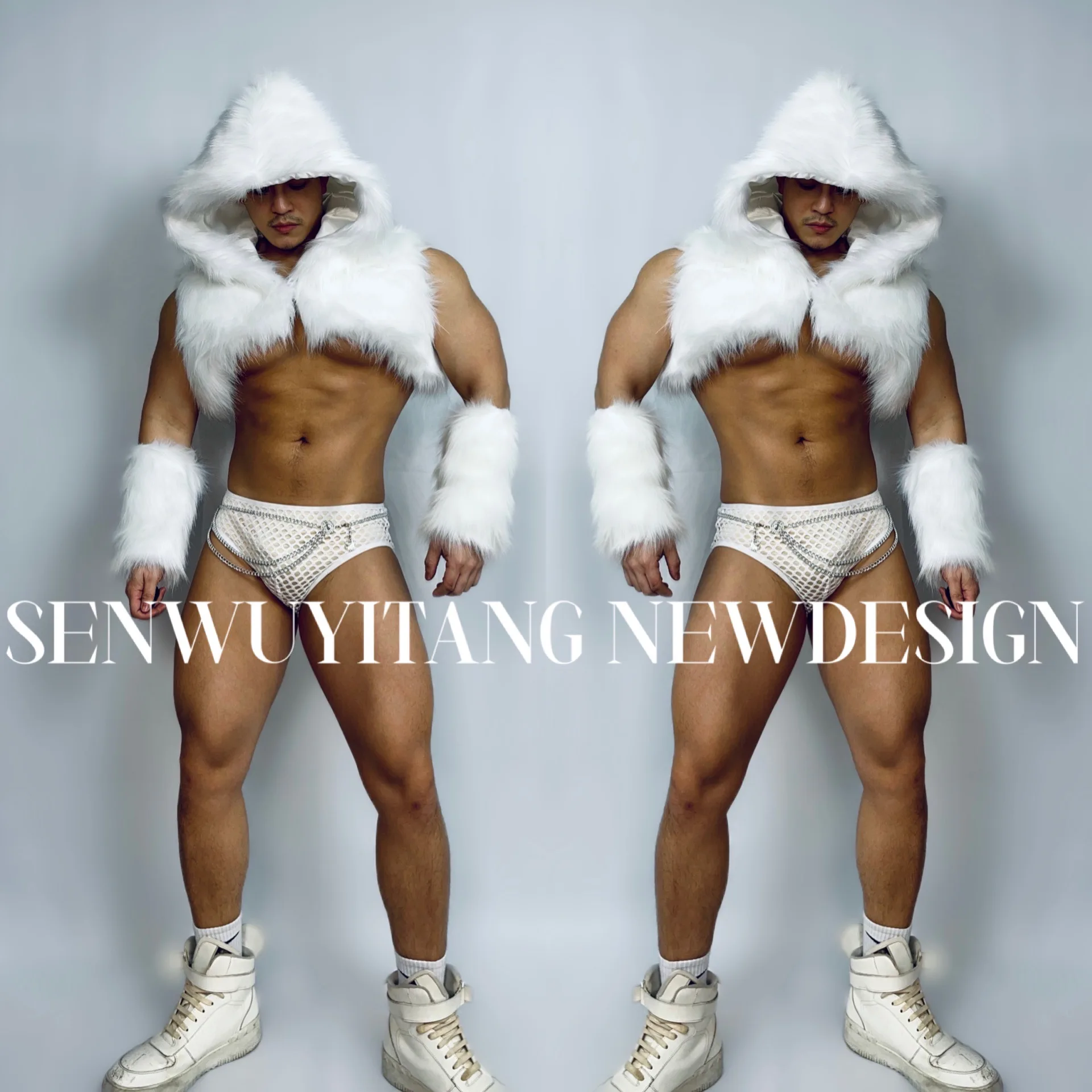 

Nightclub Party European and American Muscle Men Gogo Performance Dress New Sexy Faux Fur Vest White Stage Dress