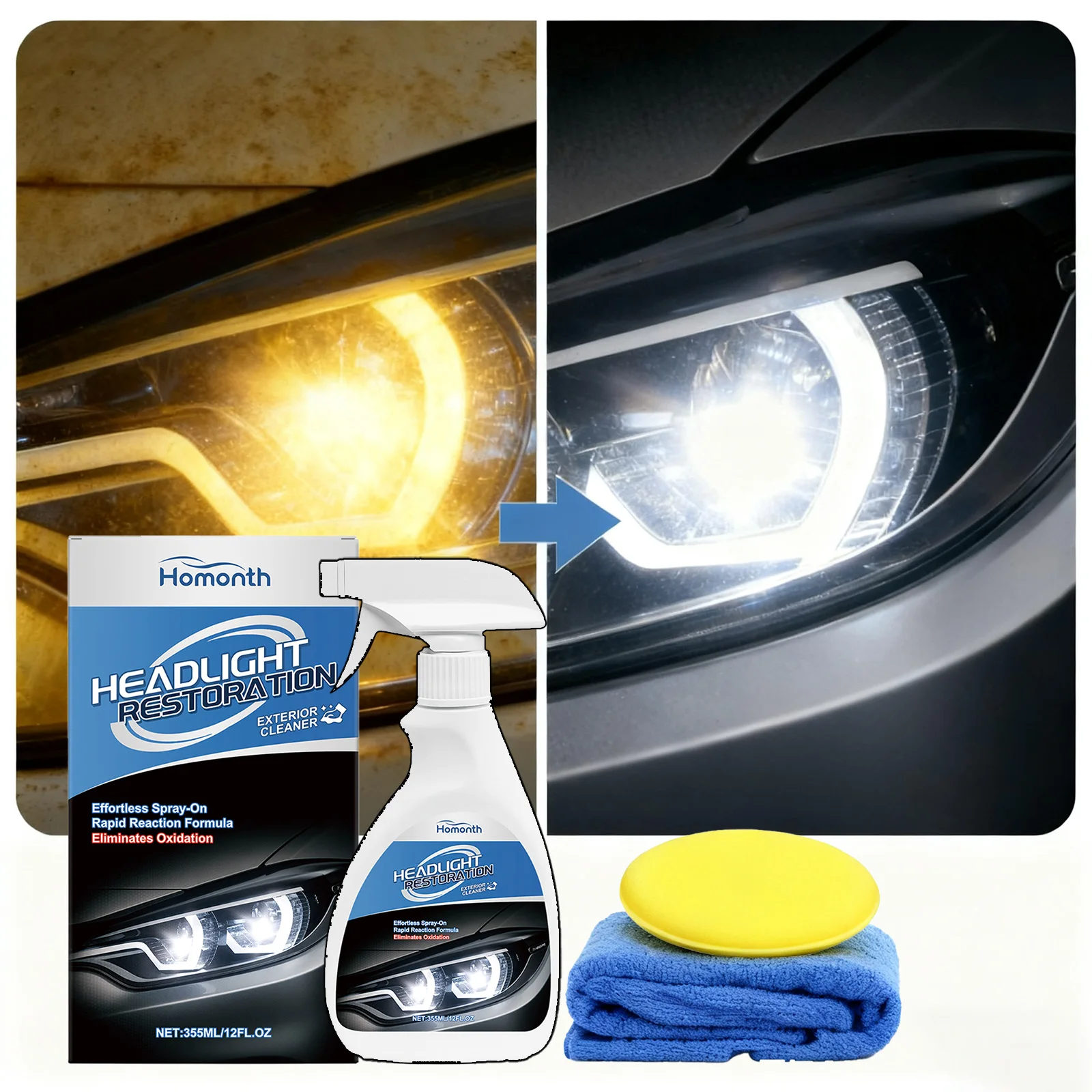 Car Headlight Restoration Spray Kit Repair Yellowed Foggy Lights Remove Scratches & Polish Restore Clarity UV Protective Coating
