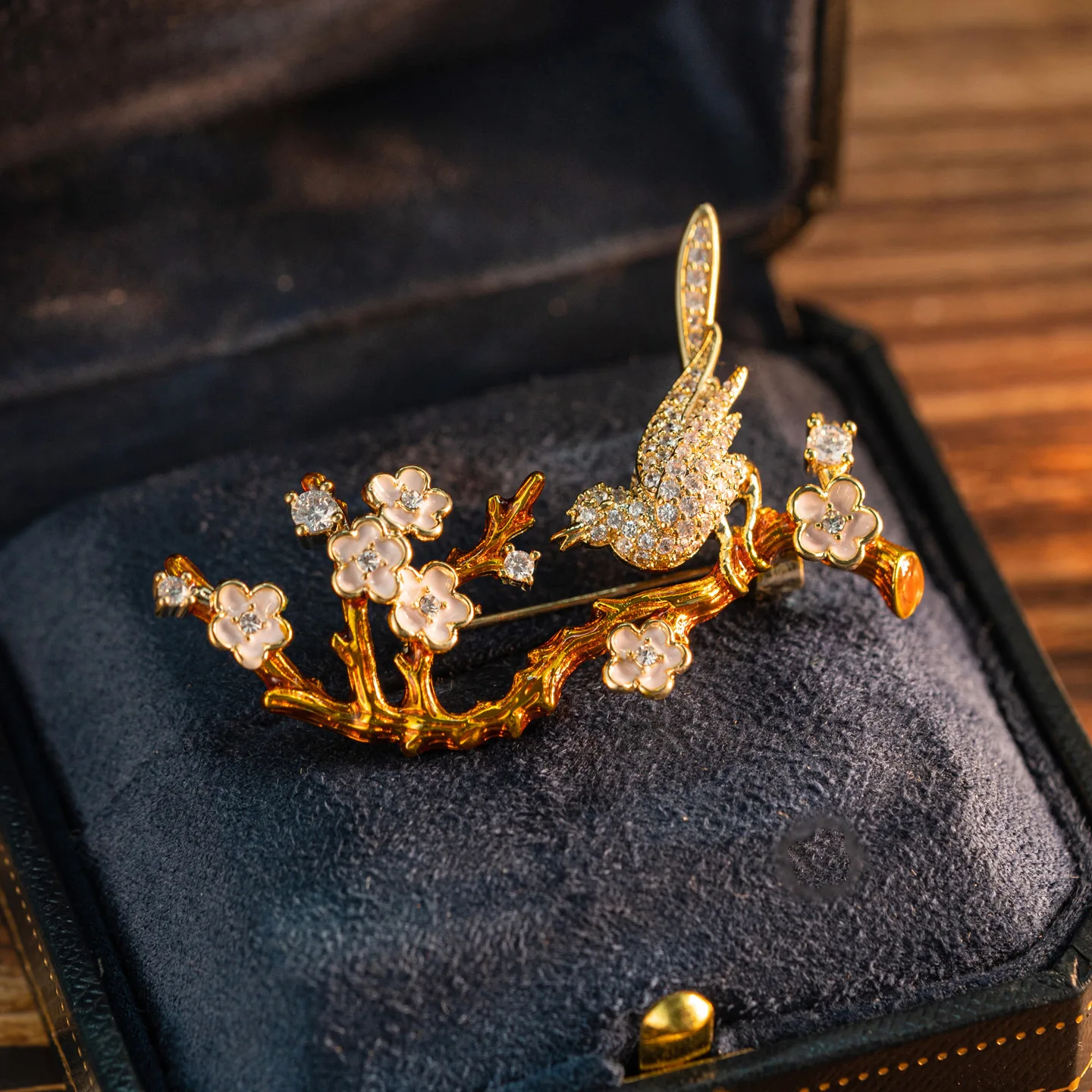 

Heavy Industry Gold Bird Brooch,Vintage Plum Blossom Branch Pin, Ancient Chinese Style Jewelry