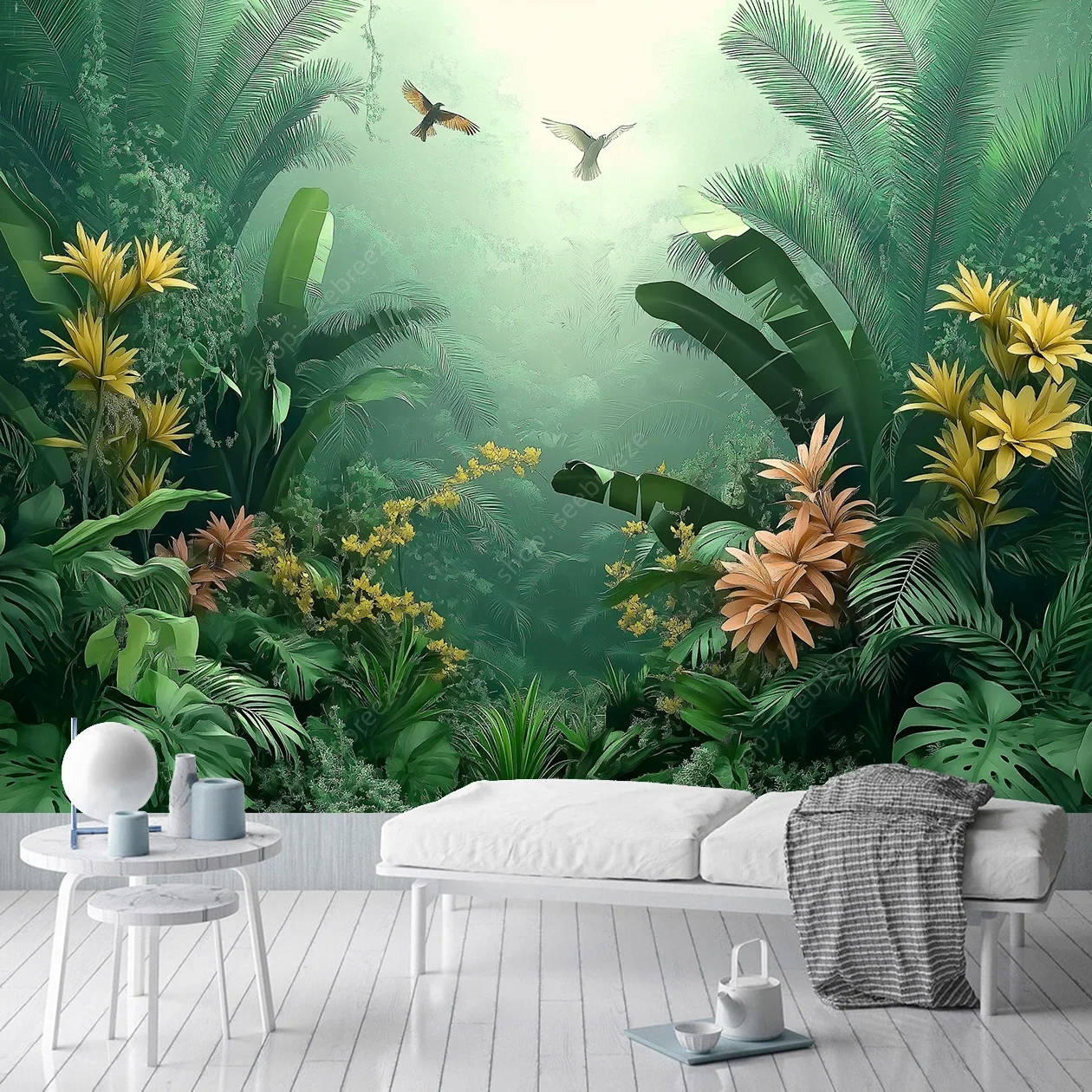 HD-Lush Tropical Rainforest Tapestry, Palm Trees & Golden Bananas Wall Art with Soaring Birds for Bedroom or Living Room Decor