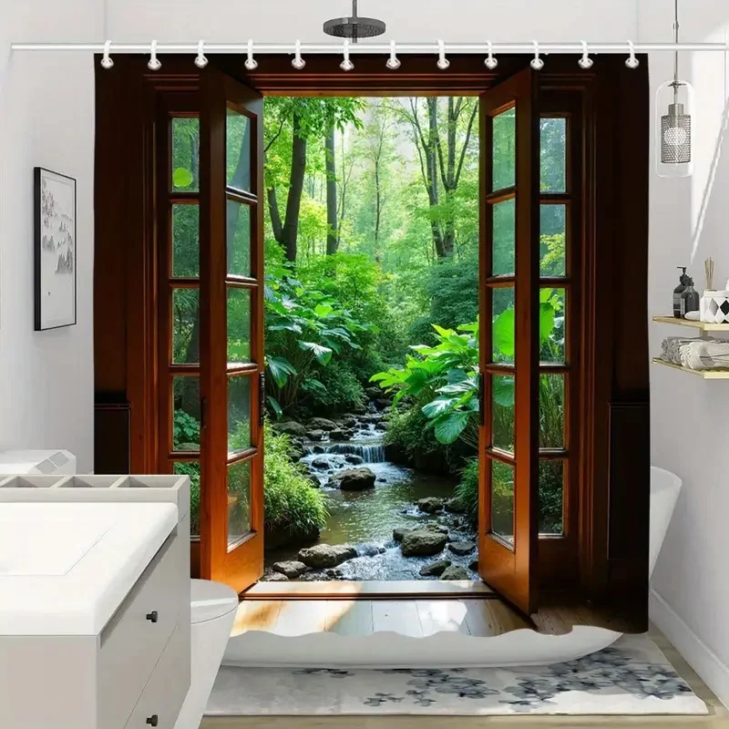 Forest Stream Window View Shower Curtain 72x72 Polyester Washable with Hooks Nature Bathroom Decor