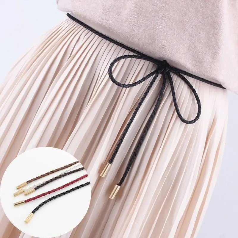 Vintage Thin Leather Belts For Dress Women Slim Weave Waist Rope Simple Skirt Coat Sweater Waistband Decorative Knot String