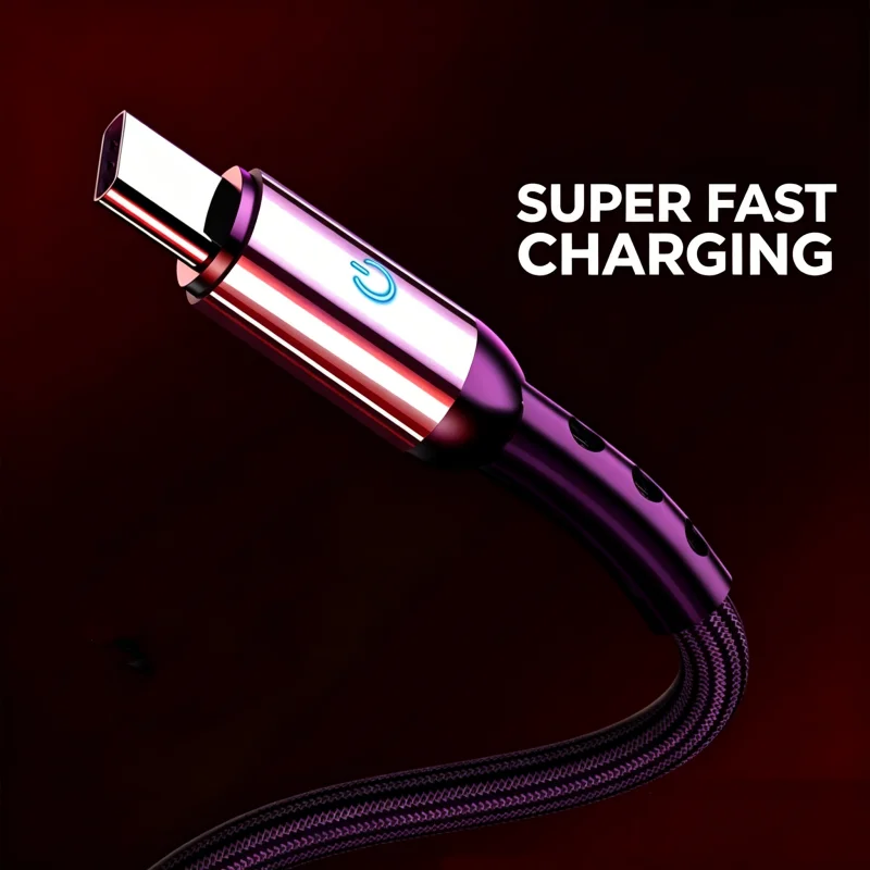 USB A to Type C Nylon Braided Charging Cable With LED Indicator 1.2M Durable Anti-break Data Sync Cord Black Red Two Colors