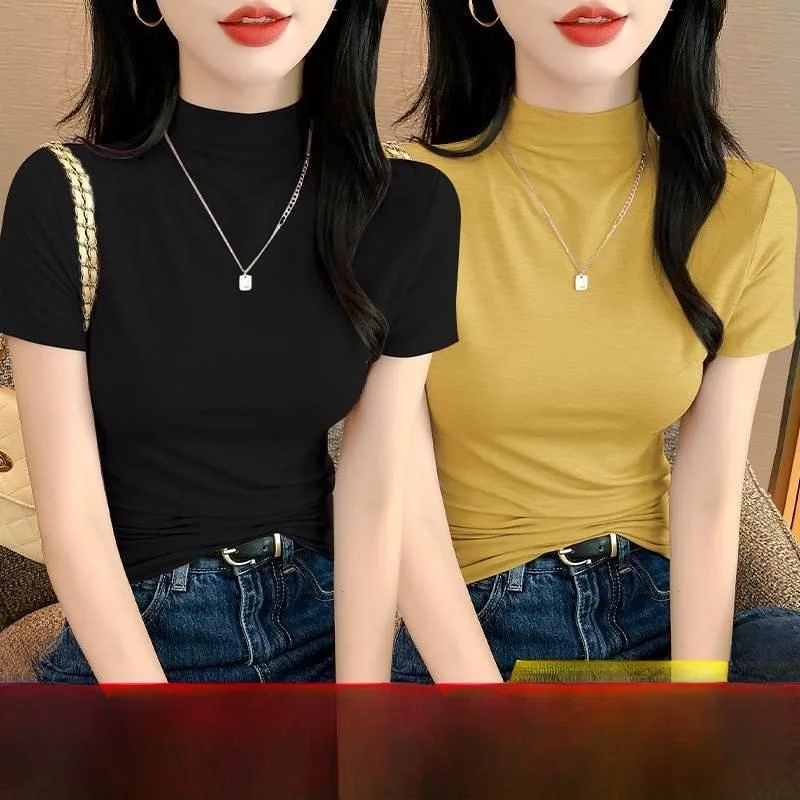 Slimming Effect Modal Short Sleeve Half High Collar T-Shirt Women's Spring Summer Slim Fit Inner Wear Base Shirt Top
