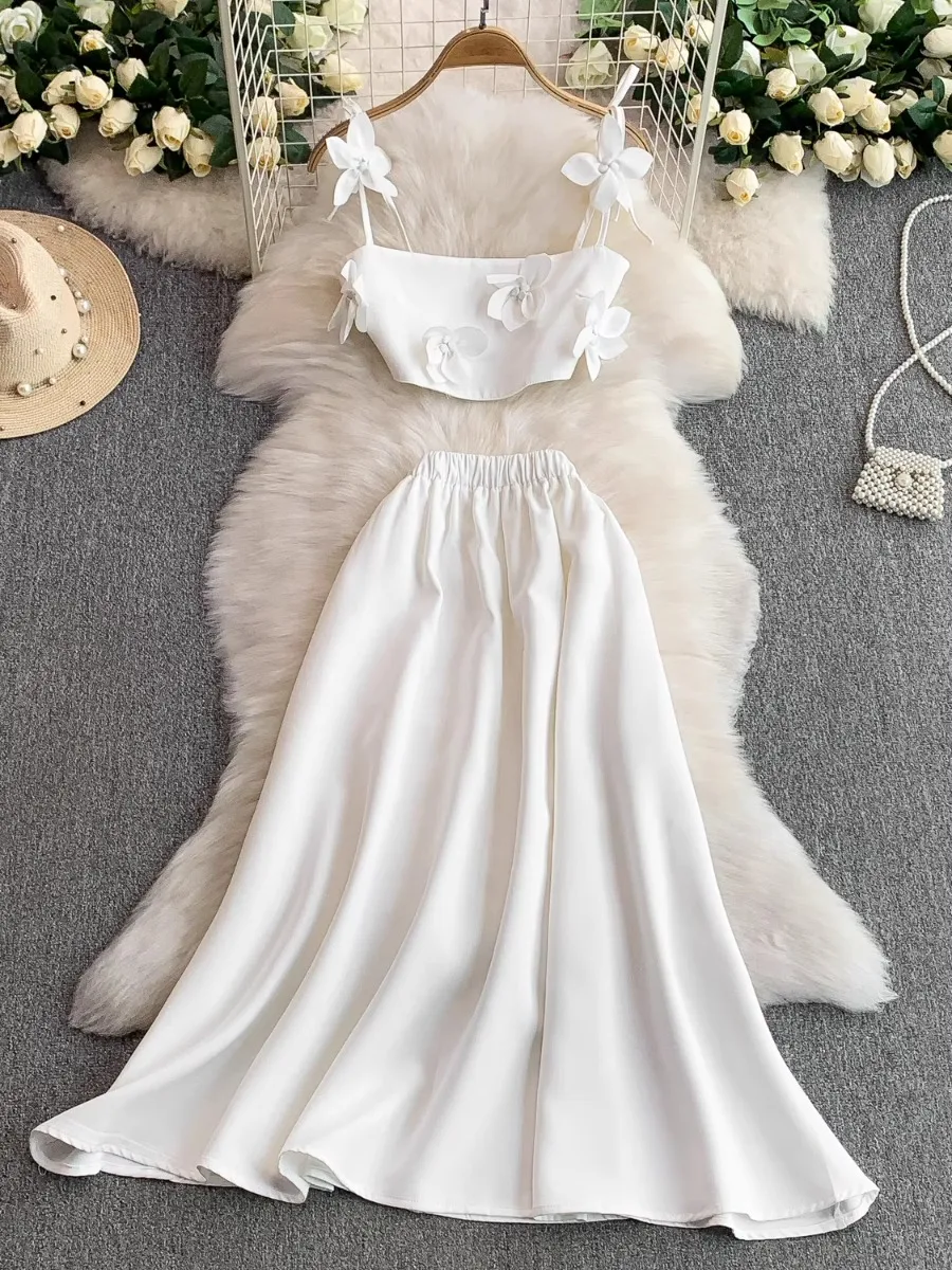 

Foamlina White Chic 3D Floral Cropped Sexy Halter Top Camis & High Waist Satin Skirt Set Vacation 2 Piece Outfit for Women