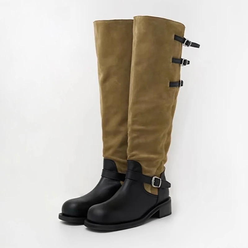 

Дизайнерские женские высокие сапоги, модная обувь на каблуке, 2024, модные прогулочные сапоги до колена с пряжкой, новые готические трендовые Mujer Botas