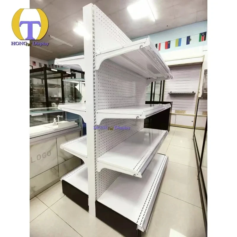 custom.HongTai Heavy Duty Double Sided White Gondola Shelving High Quality Custom Size Supermarket Shelves Retail