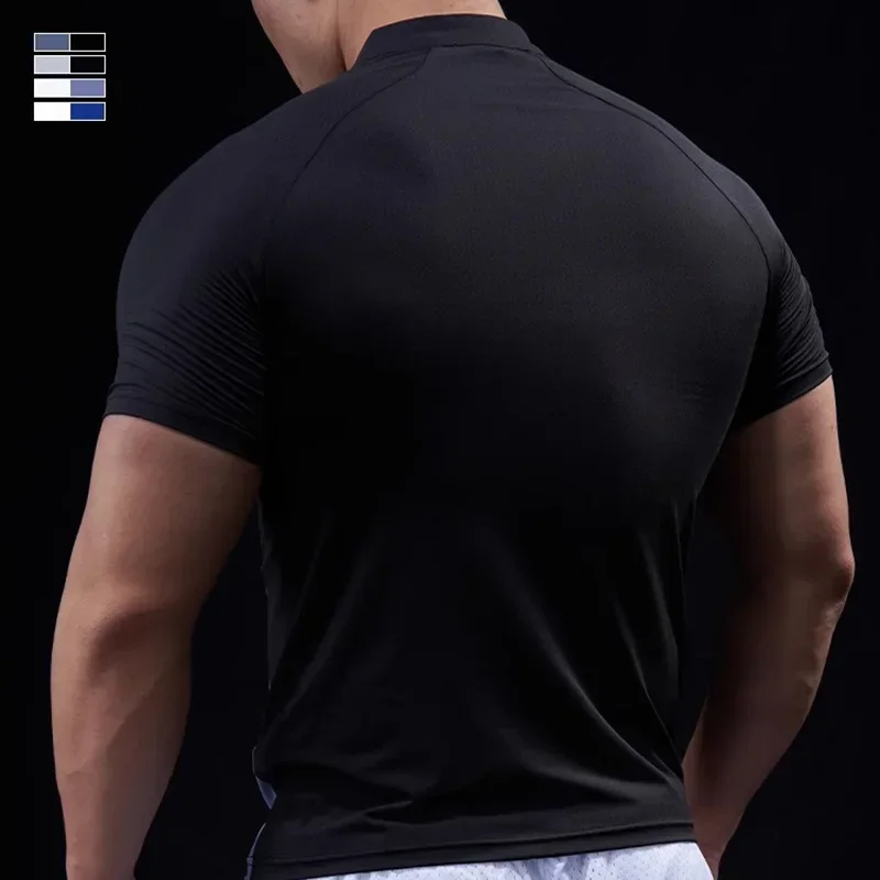 Men Compression Running Zipper Polo T-Shirt Gym Fitness Tight Sport Tshirt Training Jogging Shirt Elastic Quick Dry Rashgard Top
