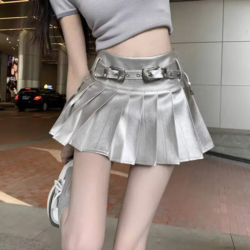 Women's Pleated Skirt 2026 Spring Summer Y2K Girl Silver Pleated Skirt Belt Buckle Niche Versatile A Line Mini Skirt
