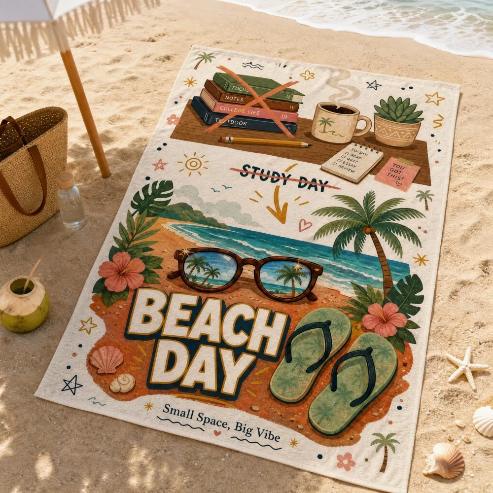 Beach Day Funny Illustration Beach Towel Palm Tree Vacation Print Microfiber Beach Blanket for Summer Travel Pool Beach
