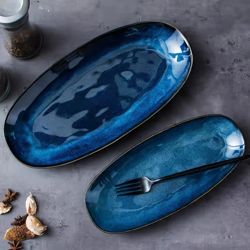 2-piece blue ceramic fish plates, thickened, gradient blue-black finish, oval shape, ideal for restaurants and home use.