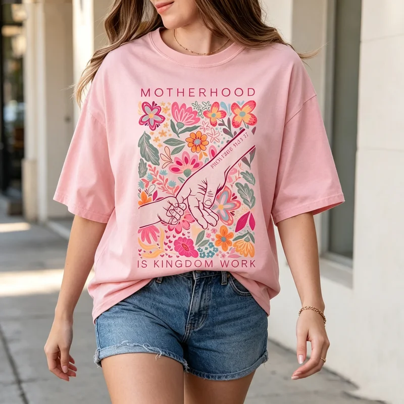 Motherhood Is Kingdom Work Floral Mama T Shirt Women Crew Neck Short Sleeve Mom Life Casual Summer Tops  Oversized Tee Harajuku