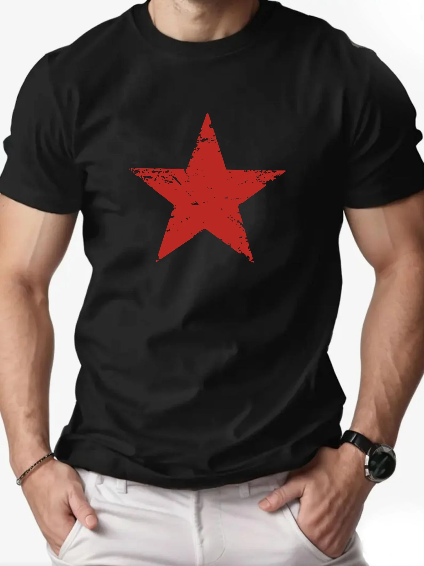 Camiseta de manga corta con cuello estampado de estrella roja holgada informal a la moda de algodón puro 100% de verano para hombre