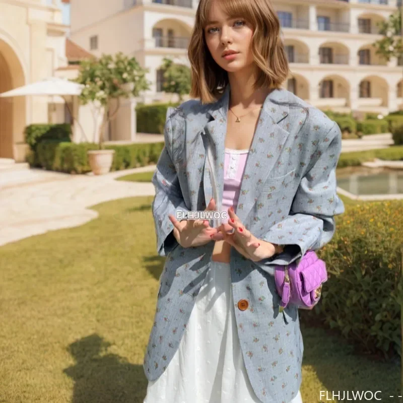 Cotton Blazers New 2024 Autumn Winter Women Loose Outerwear Casual Japan Girls Floral Print Retro Vintage Long Blazer Coats