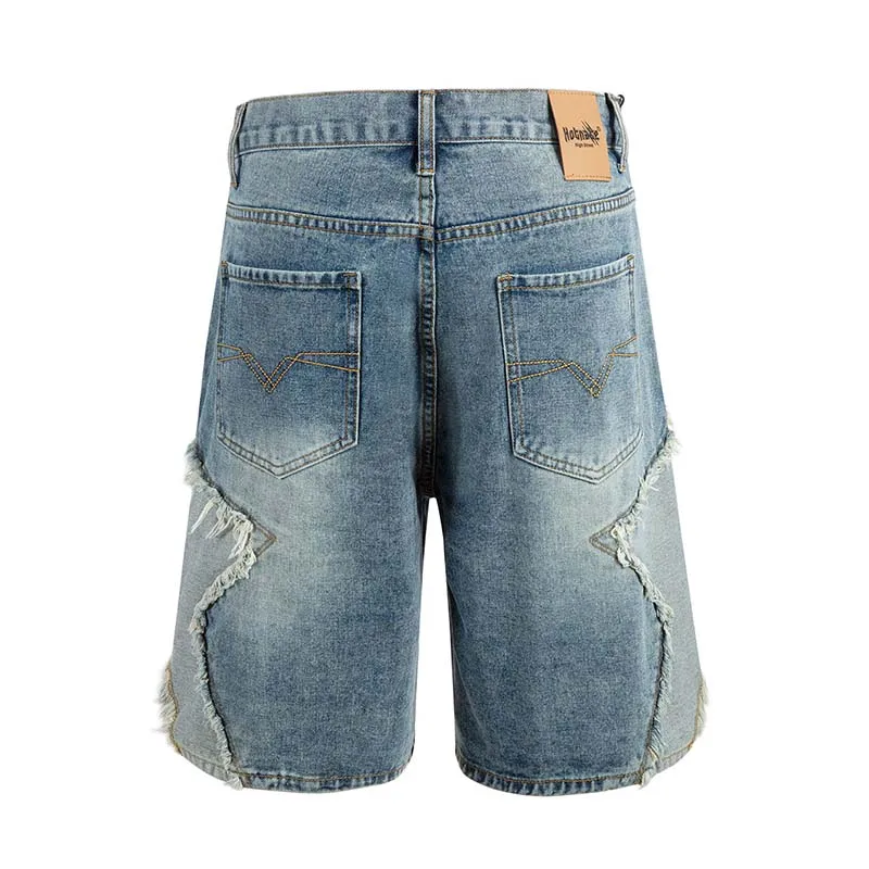 Hi Street Distressed Casual Denim Shorts Blue Streetwear Washed Jeans Shorts For Male Patchwork