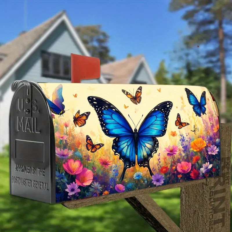 1pc Blue butterfly and wildflower mailbox cover, suitable for outdoor mailbox decoration for spring, summer, yards and gardens