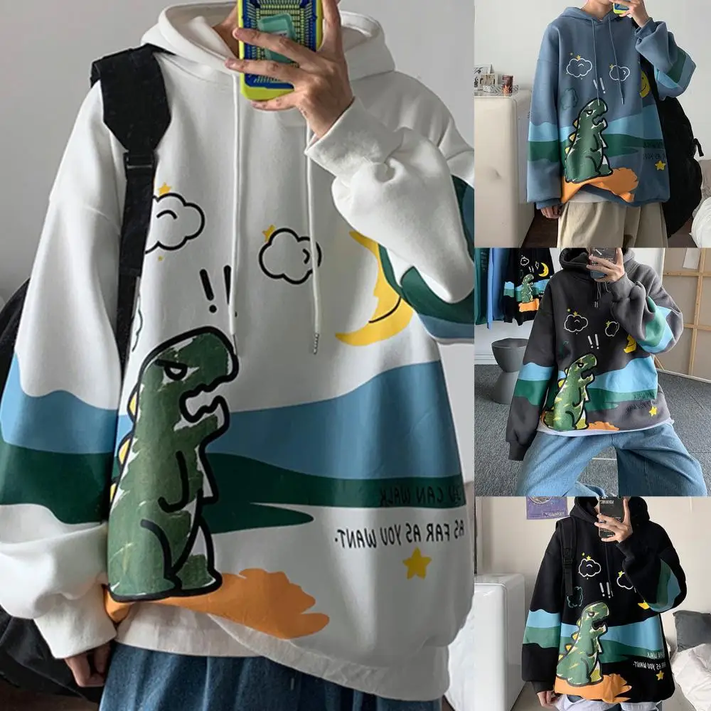 

Sweatshirt Loose Pullover Hoodie Long Sleeve Winter Men Cartoon Dinosaur Print Hoodie